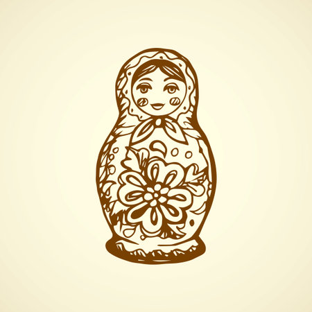 3 small cute kid hohloma matrioska on white backdrop. Freehand line ink hand drawn matreshka picture. Matryoshka logo sketchy in art archaic scribble style pen on paper. Matrioshka with space for textのイラスト素材