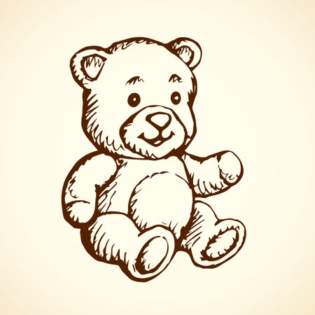 Big adorable fun smiling kid mammal pet doll isolated on white backdrop. Freehand linear black ink hand drawn picture sketchy in art scribble retro style pen on paper. Closeup view with space for textのイラスト素材