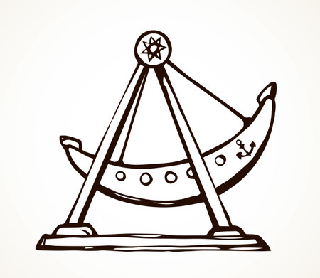 Large modern funny childish viking vessel move up on light sky. Outline black ink hand drawn big circus movement transport logo emblem pictogram in retro art doodle style pen on paper space for textのイラスト素材