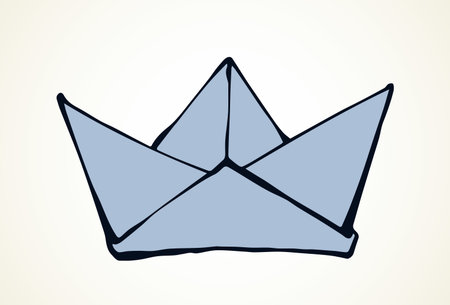 Childish hobby new craft blank paperboat on light backdrop text space. Outline black ink hand drawn kid navy fleet voyage model idea logo pictogram design in retro art doodle print style. Closeup viewのイラスト素材