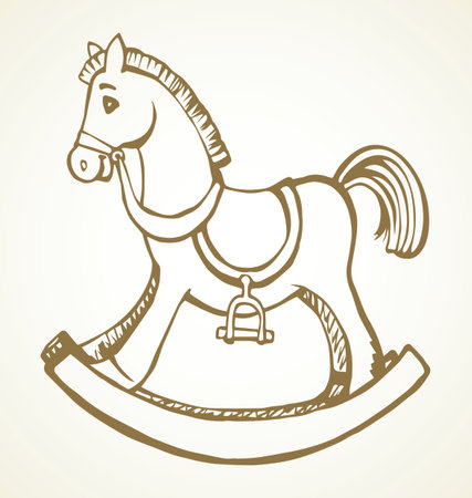 Line cute craft decorative saddle seat swing object on light backdrop. Outline black ink hand drawn flat pictogram emblem design in modern art doodle print style pen on paper text space. Closeup viewのイラスト素材