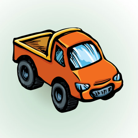 Cute scarlet transfer sedan isolated on white background. Vibrant color hand drawn picture sketchy in retro scribble style. Closeup viewのイラスト素材