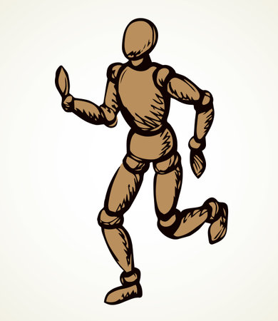 Vintage wood tie male slave run role posture. White paper text space. Line black drawn theater craft artist game move object pose career show sign icon design sketch in retro art doodle cartoon styleのイラスト素材