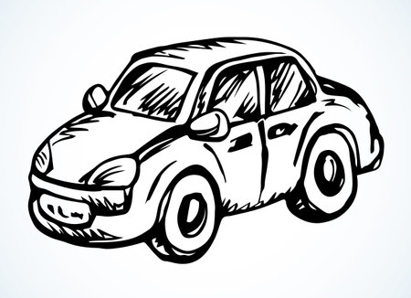 Close up view modern city fast electric mode robot cab sedan shape. Light paper text space backdrop. Outline black hand drawn old childish mechanic object emblem design in retro art doodle comic styleのイラスト素材