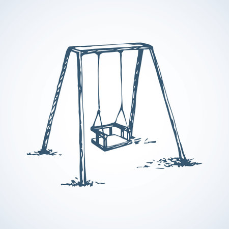 Cute old sway fairground teeterboard on grass lawn isolated on white backdrop. Freehand outline black ink hand drawn picture sketchy in art retro scribble style pen on paper with space for text on skyのイラスト素材