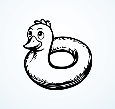 Closeup cute funny animal plastic safe support preserver swimring design on white aqua river space for text. Outline black ink hand drawn saver survival object logo in modern art doodle style on paperのイラスト素材