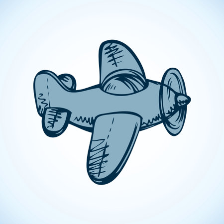 Cute kid fun airship vehicle soar in heaven isolated on white sky backdrop. Freehand outline ink hand drawn picture icon sketchy in art scribble retro style pen on paper. Side view with space for textのイラスト素材