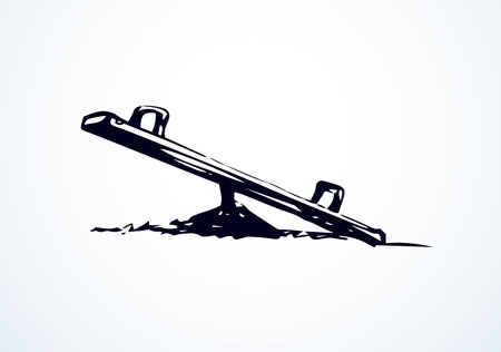 Old imbalance rocker totter see saw sween on white background. Line black ink hand drawn logo emblem sketchy in art retro scribble cartoon graphic style pen on paper. Close up view with space for textのイラスト素材