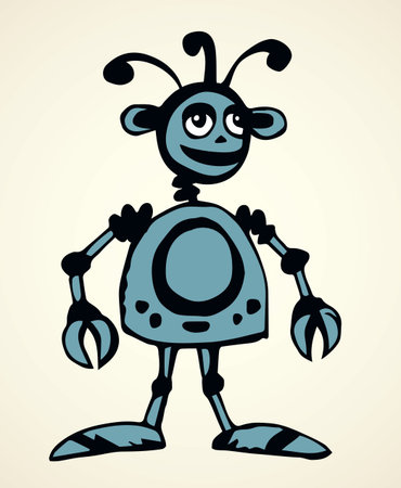 Funny cute new small auto forcep droid stand on suction cups on legs on white background. Line freehand ink hand drawn sign logo symbol pictogram sketchy in art doodle humor retro style pen on paperのイラスト素材