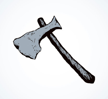 Aged tribal copper ax on white backdrop. Freehand outline black ink hand drawn polearm heritage logo emblem pictogram sketchy in doodle art archaic etch style pen on paper space for text. Closeup viewのイラスト素材