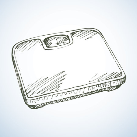 Classic old square kg bath scales icon isolated on white backdrop. Freehand outline ink hand drawn symbol sign sketchy in art scribble retro style pen on paper. Closeup top view with space for textのイラスト素材