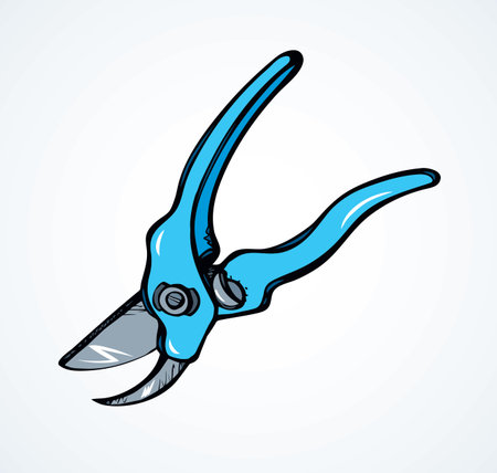 Old steel lop mower plier on white space for text. Bright blue color drawn sharp tree twig grow snip object logo pictogram in clip art vintage doodle cartoon style. Closeup viewのイラスト素材