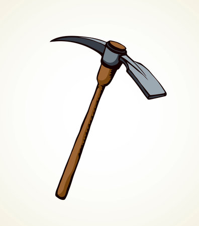 Ancient worker kylo ax hoe old repair cut line set on white ore text space. Outline black ink drawn digger build craft pit web logo in art antique retro doodle cartoon style. Closeup iron shaft objectのイラスト素材