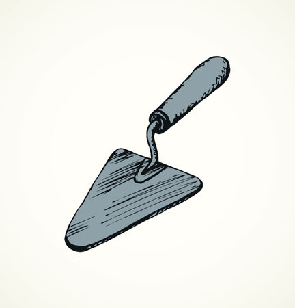 Old steel knife shovel on white parget backdrop. Freehand outline black ink hand drawn stucco darby ladle object logo emblem pictogram in vintage art doodle cartoon style pen on paper space for textのイラスト素材