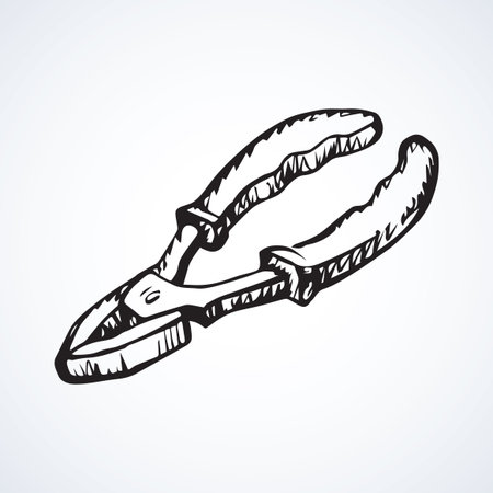 Old iron plier isolated on white backdrop. Freehand linear black ink hand drawn picture sketchy in art retro contour scribble style pen on paper. View closeup with space for textのイラスト素材