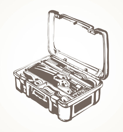 Handy house build diy bit set store latch tin lay draw on white. Modern cartoon graphic vector line labor tape object container. Outline black hand drawn key toolbag chest logo sign icon symbol sketchのイラスト素材
