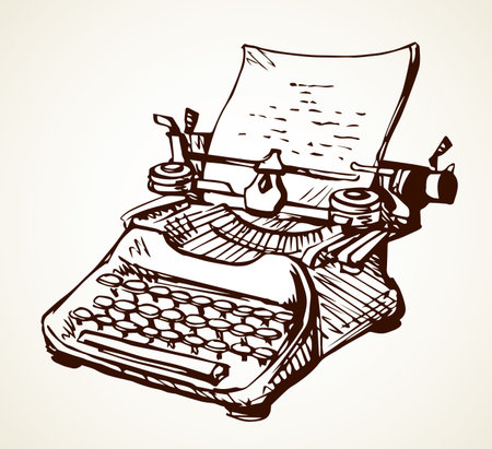 Ancient classic line press font object on white text space. Outline black ink pen hand drawn creative editor novel word blog idea logo icon design sketch in artist doodle cartoon style. Close up viewのイラスト素材
