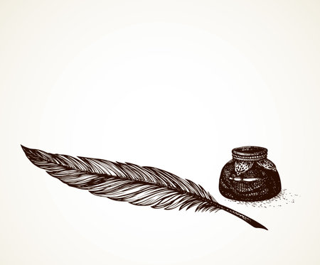 Goose nib, glass inkpot jar still life on light backdrop space. Freehand outline poet scribe swan handle text object picture image copyspace design sketchy in artistic aged scribble contour styleのイラスト素材