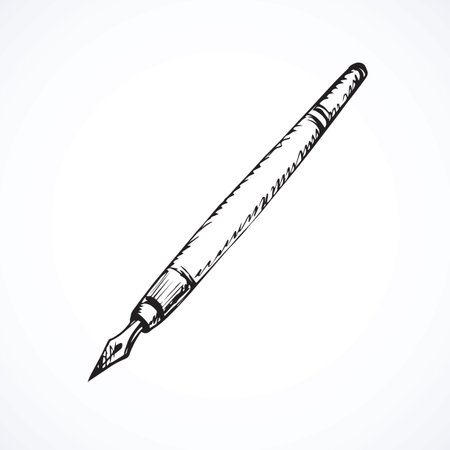 Aged luxury business steel basic tip of feather isolated on white backdrop. Freehand linear black color hand drawn picture logo sketchy in artsy scribble ancient style. Closeup viewのイラスト素材