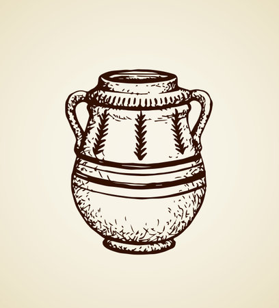 Aged assyrian culture bowl container isolated on white backdrop. Freehand outline ink hand drawn object icon sketchy in vintage art etching graphic style pen on paper. Closeup view with space for textのイラスト素材