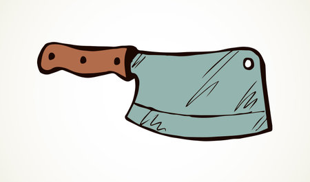 Large domestic metal hatchet on white board backdrop. Outline black ink hand drawn home ware object logo badge emblem sketchy in retro art doodle engraved style. Closeup side view on space for textのイラスト素材