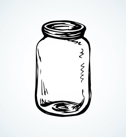 New blank clear tin on light blue backdrop. Freehand linear black ink hand drawn logo emblem sketchy in art ancient scribble contour graphic style pen on paper. Closeup view with space for textのイラスト素材