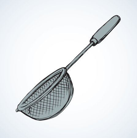 Old steel mesh percolate pot on white backdrop. Freehand line black ink hand drawn water filter bowl object logo emblem sketchy in art retro scribble engraving style pen on paper space for textのイラスト素材