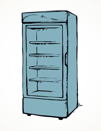 Big chiller show ice soda good case icebox stand on white background. Line black hand draw empty rack chest box cafe aisle device symbol sign in art modern doodle cartoon style on paper space for textのイラスト素材