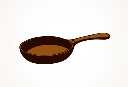 Old empty iron fryer with wooden stick isolated on white background. Outline freehand ink hand drawn logo pictogram sketchy in art retro doodle engraved style pen on paper space for text. View closeupのイラスト素材