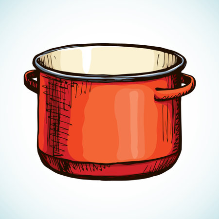 Old clean hot ceramic scarlet fryer icon isolated on white backdrop. Freehand bright color hand drawn symbol sign picture sketchy in art vintage scribble style. View closeup with space for textのイラスト素材