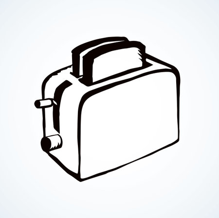 Old steel cookery baker pot device on white backdrop. Freehand line black ink hand drawn fast cooked maker object logo in art retro doodle cartoon style pen on paper space for text. Isometric viewのイラスト素材