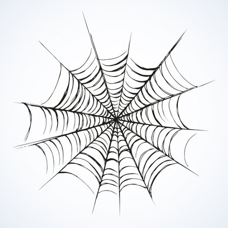 Big horrible full web snare isolated on white backdrop. Freehand outline black ink hand drawn picture object sketchy in art scribble retro style pen on paper. Closeup view with space for textのイラスト素材