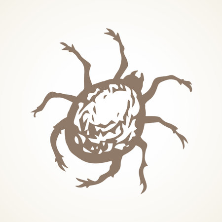 Big wild forest Acarina louse on paper text space. Outline brown ink hand drawn allergen risk logo pictogram emblem design in art doodle vintage engrave line cartoon print style. Close up micro viewのイラスト素材
