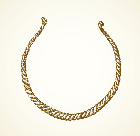 Closeup rough silver necklet souvenir. Outline black ink hand drawn simple wild age girl copper hoop jewelery craft icon sign logo in archaic art doodle cartoon style pen on white paper space for textのイラスト素材