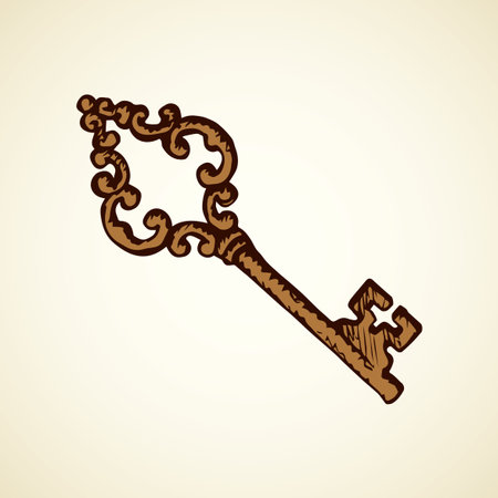 Old steel latchkey for rental immovables on white backdrop. Freehand line black ink hand drawn room object logotype sketchy in retro art doodle style pen on paper. Closeup view with space for textのイラスト素材