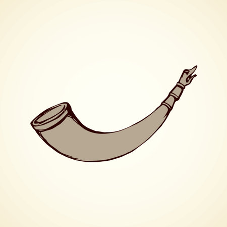 Big aged cow bone tusk beer bowl on white backdrop. Freehand line black ink hand drawn folk object design logo emblem sketch in archaic art doodle style pen on paper. Close up view with space for textのイラスト素材