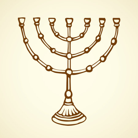 Vintage chanukiah heritage gold candelabrum souvenir. Outline black ink hand drawn picture logo sketch in retro art doodle graphic style pen on white paper background. Closeup view with space for textのイラスト素材