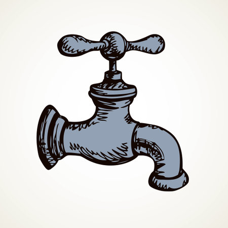Closed watery tap used for wash dishes in kitchen sink. Freehand line black ink hand drawn watertap pictogram emblem sketchy in art doodle cartoon style pen on white paper space for text. View closeupのイラスト素材