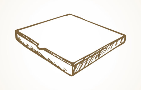 Blank recycle take away pie tray case mockup on white label space for text. Outline black ink hand drawn italian menu logo pictogram emblem badge frame design in retro art doodle style. Close up viewのイラスト素材