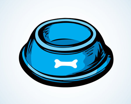 Old big steel circle shape tray on white floor space for text. Bright blue color hand drawn mammal treat meat utensil object logo banner design in art modern doodle comic style. Closeup top macro viewのイラスト素材