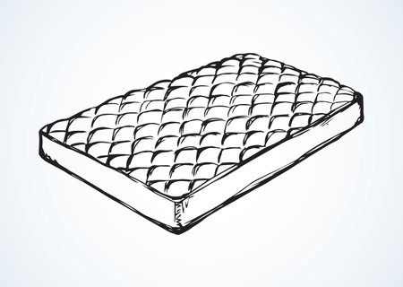 Neat snug thick cotton spring divan bedchamber couch on motel backdrop. Freehand line black ink hand drawn comfy dream object logo emblem pictogram sketchy in vintage doodle style and space for textのイラスト素材