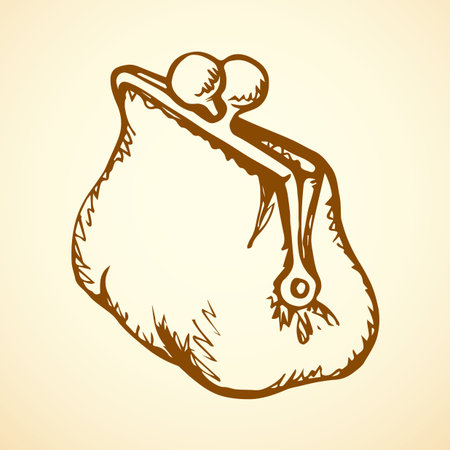Old stylish leather trendy billfold bag border isolated on white backdrop. Freehand outline ink hand drawn picture web icon sketchy in art vintage scrawl style pen on paper. Closeup and space for textのイラスト素材
