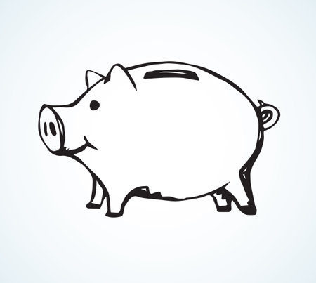Old animal coinage penny save stock invest on white backdrop. Simple market thrift concept. Freehand linear black ink hand drawn picture emblem sketchy in art retro scribble cartoon style pen on paperのイラスト素材