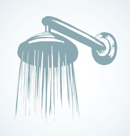 Steel jet spigot nozzle design on white washroom cabin wall backdrop. Outline black ink hand drawn spa tub room object logo emblem in art retro doodle graphic cartoon style pen on paper space for textのイラスト素材