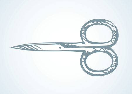 Little modern metal salon utensil on light backdrop. Freehand outline black ink hand drawn spa device logo pictogram element design sketchy in retro art doodle style on paper text space. Close up viewのイラスト素材