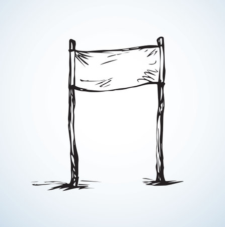Empty event canvas design ad template on light backdrop. Line black ink hand drawn logo emblem sketchy in art retro doodle cartoon graphic style pen on paper. Close up view with space for textのイラスト素材
