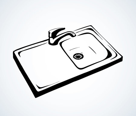 New chrome plug drainhole on white recess countertop backdrop. Dark black ink hand drawn object emblem pictogram sketch in retro art conour cartoon print style. Closeup top view with space for textのイラスト素材