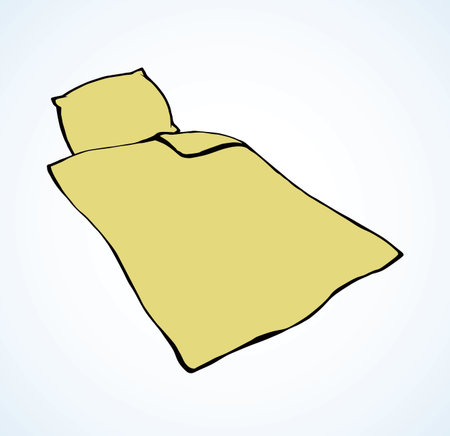 Neat cozy snug thick feather divan yellow velvet throw and chock on white bedroom backdrop. Bright green color hand drawn comfy logo sketchy in retro doodle graphic style and space for textのイラスト素材