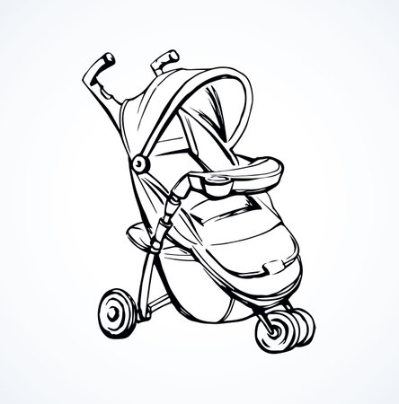 Cute mom walk sedentary calash wagon on white backdrop. Freehand line black ink hand drawn picture logo emblem design sketchy in art modern doodle style pen on paper. Closeup view with space for textのイラスト素材