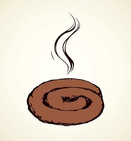 Big defecation excreta pong fetidity on white backdrop. Bright brown color hand drawn pet nasty concept picture emblem logo in retro art scribble comic style, Close-up detail view with space for textのイラスト素材